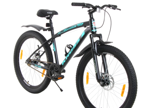 Kross Maximus Pro 26T Mountain Bike – Steel Frame, Suspension Fork, Dual Disc Brakes, Wide 2.35” Tyres (Black-Blue, Single Speed)