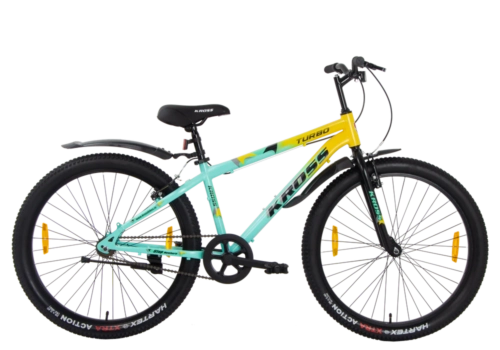 TURBO 26T Single Speed MTB – Rigid Fork, V-Brakes, Double Wall Alloy Rims, 26 × 2.40 Tyres (Yellow/Green)